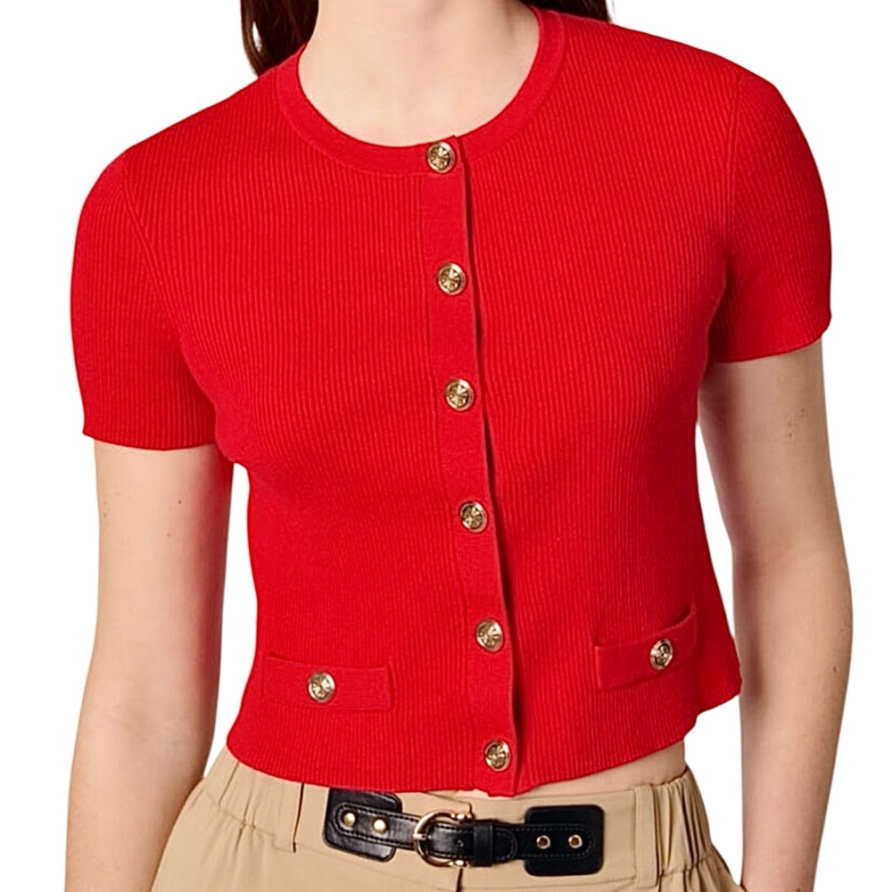 Maje Cropped Red Gold Button Up Knit Short Sleeve Cardigan Size FR 3 US Large